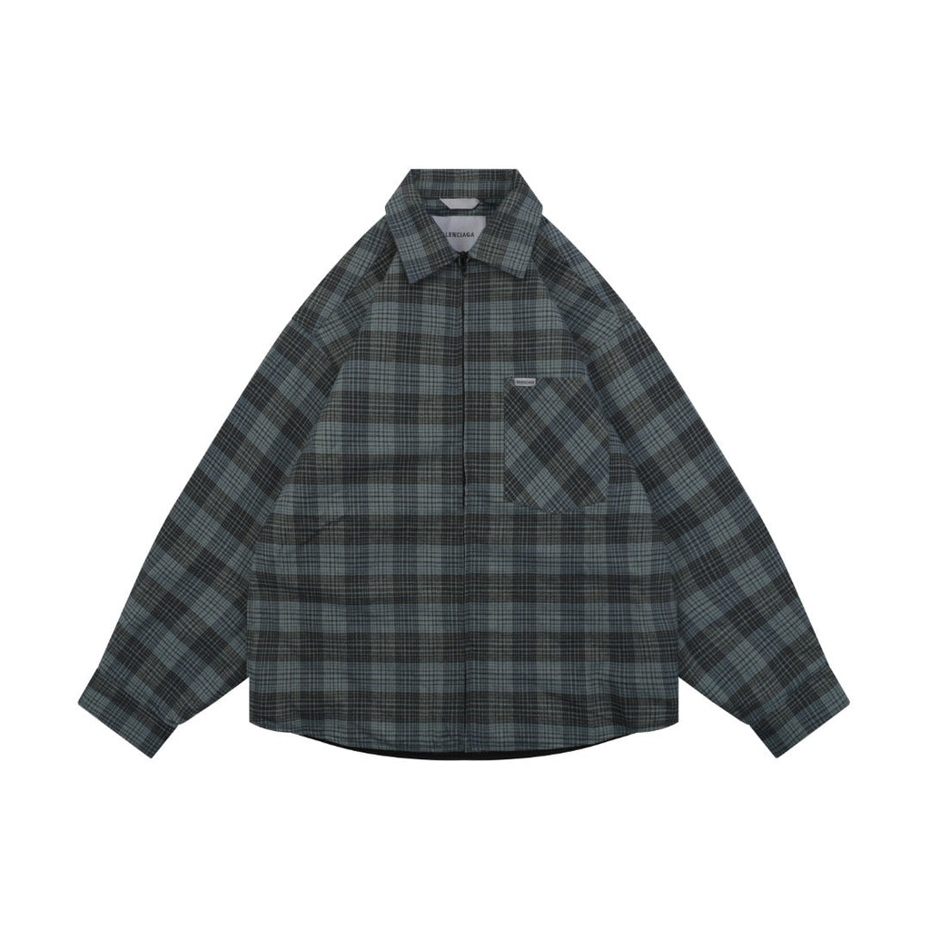 Balenciaga Paris Blue-Grey Plaid Padded Overshirt Jacket
