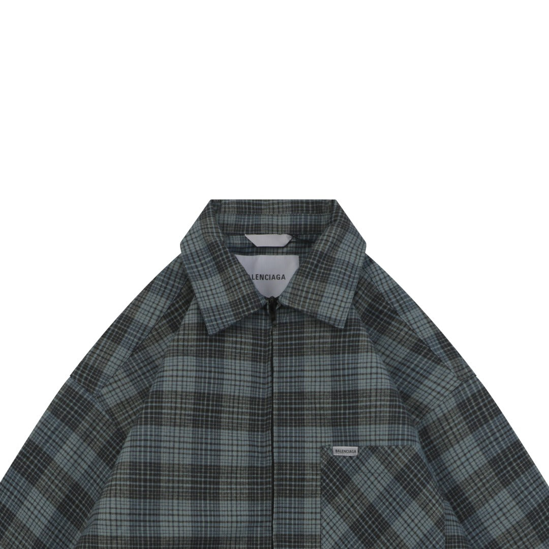 Balenciaga Paris Blue-Grey Plaid Padded Overshirt Jacket