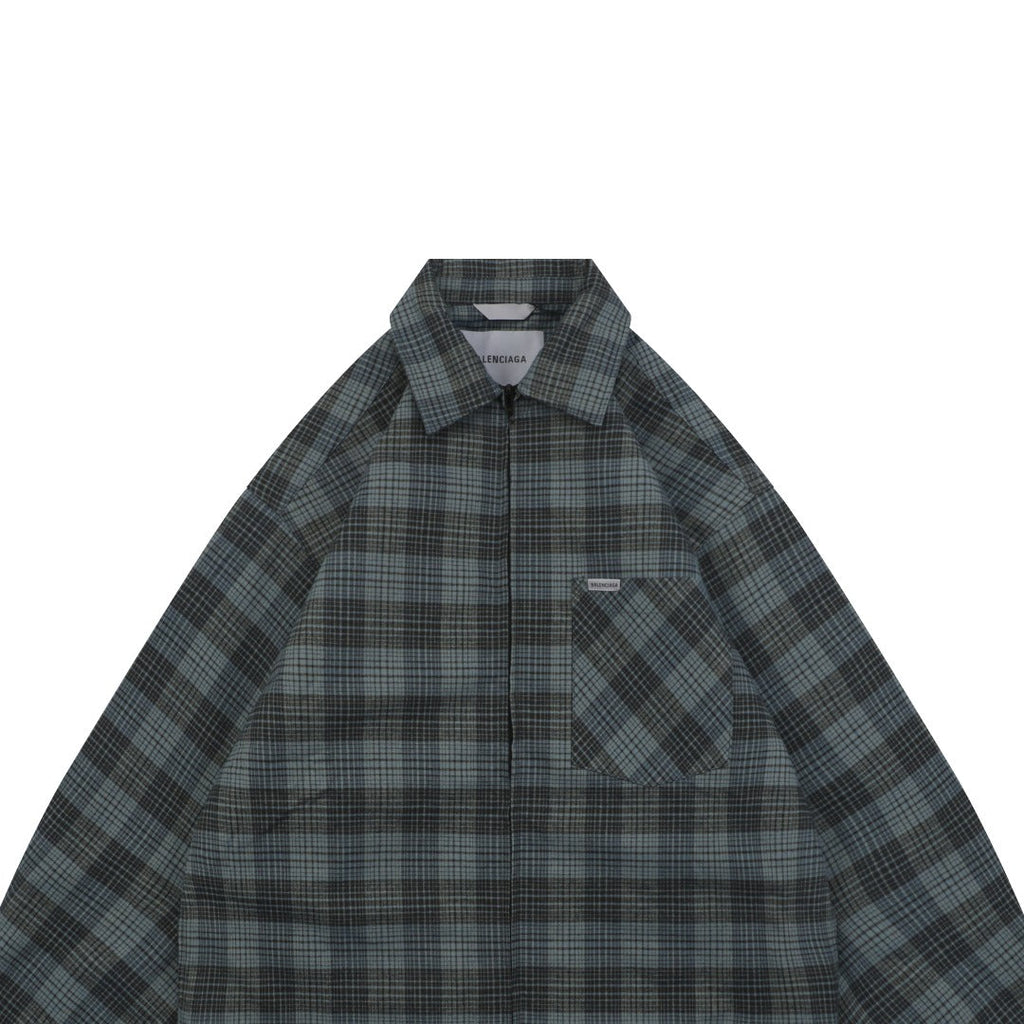Balenciaga Paris Blue-Grey Plaid Padded Overshirt Jacket