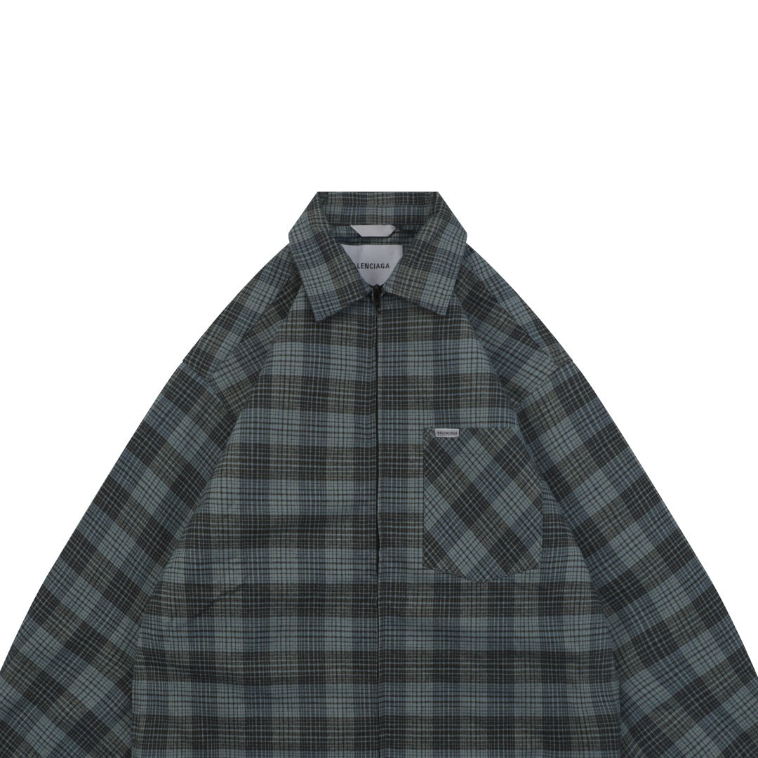 Balenciaga Paris Blue-Grey Plaid Padded Overshirt Jacket