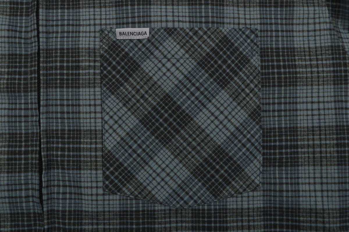 Balenciaga Paris Blue-Grey Plaid Padded Overshirt Jacket
